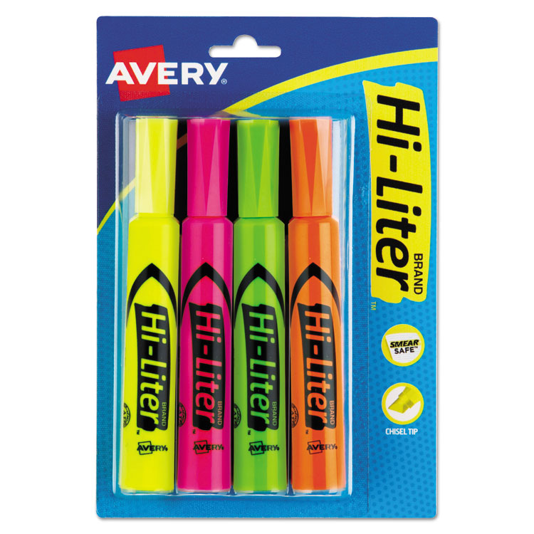 Avery - HI-LITER Desk-Style Highlighters, Assorted Ink Colors, Chisel Tip, Assorted Barrel Colors, 4/Set (9624628)