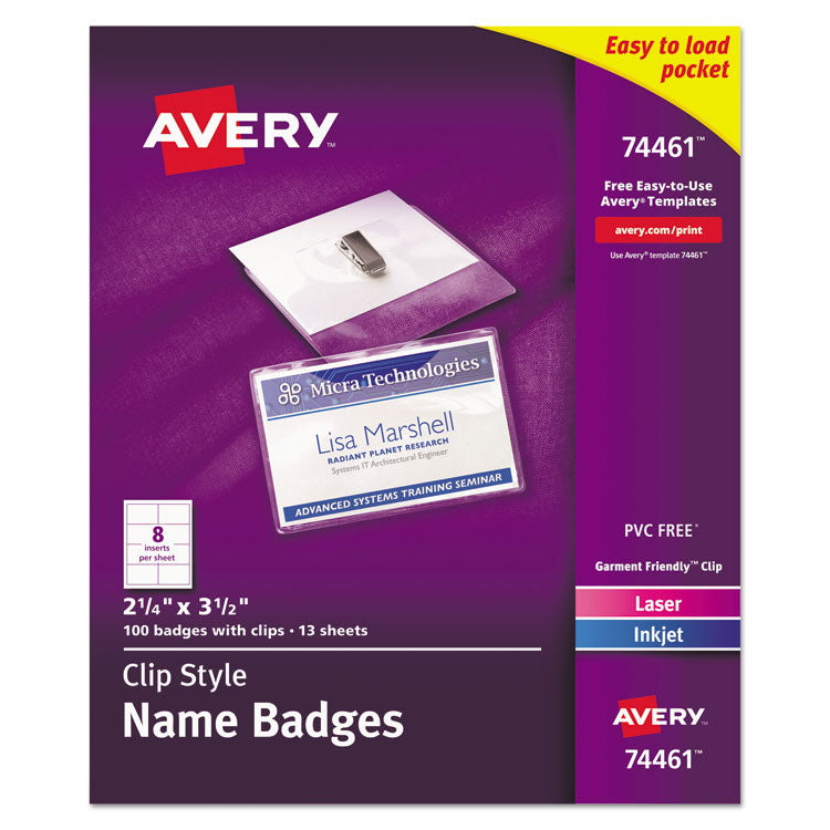 Avery - Clip-Style Badge Holder with Laser/Inkjet Insert, Top Load, 3.5 x 2.25, White, 100/Box