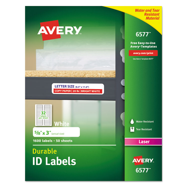 Avery - Durable Permanent ID Labels with TrueBlock Technology, Laser Printers, 0.63 x 3, White, 32/Sheet, 50 Sheets/Pack