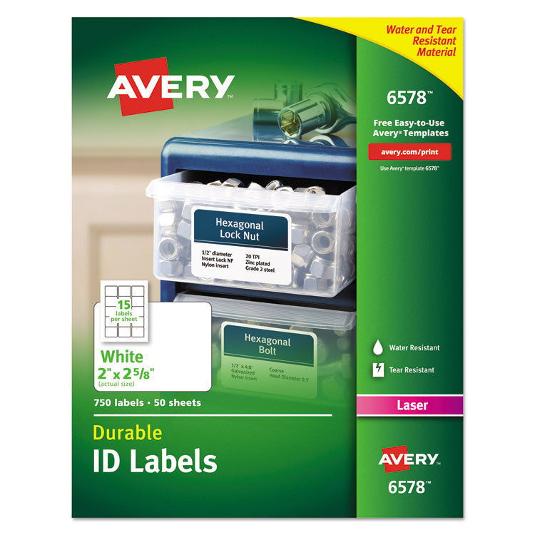 Avery - Durable Permanent ID Labels with TrueBlock Technology, Laser Printers, 2 x 2.63, White, 15/Sheet, 50 Sheets/Pack