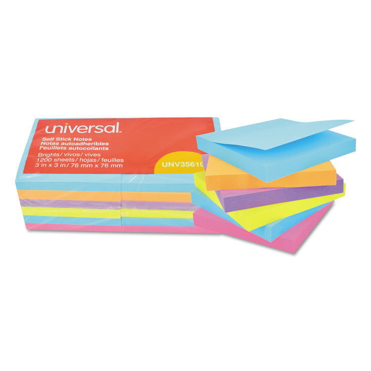 Universal - Self-Stick Note Pads, 3" x 3", Assorted Bright Colors, 100 Sheets/Pad, 12 Pads/Pack