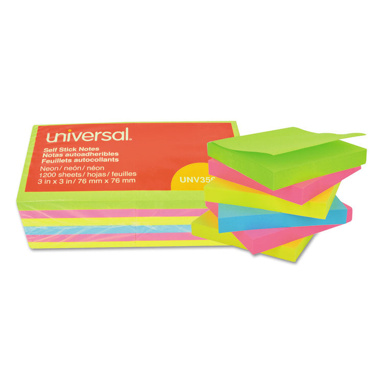 Universal - Self-Stick Note Pads, 3" x 3", Assorted Neon Colors, 100 Sheets/Pad, 12 Pads/Pack