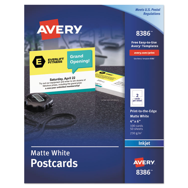 Avery - Printable Postcards, Inkjet, 85 lb, 4 x 6, Matte White, 100 Cards, 2 Cards/Sheet, 50 Sheets/Box