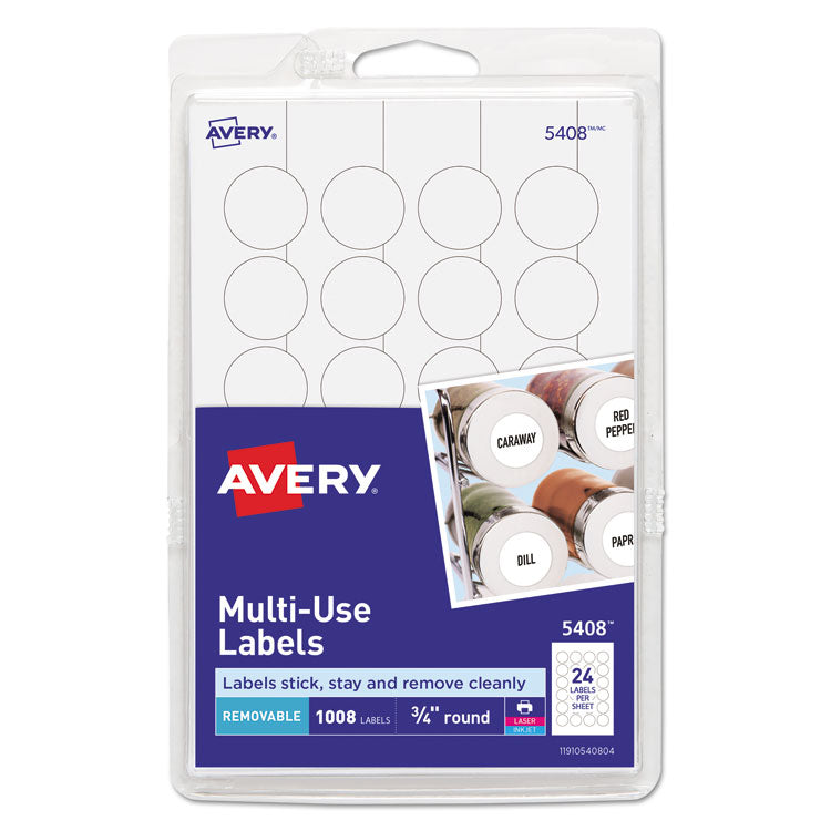 Avery - Removable Multi-Use Labels, Inkjet/Laser Printers, 0.75" dia., White, 24/Sheet, 42 Sheets/Pack, (5408)