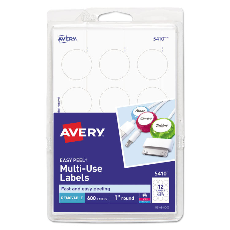 Avery - Removable Multi-Use Labels, Inkjet/Laser Printers, 1" dia., White, 12/Sheet, 50 Sheets/Pack, (5410)