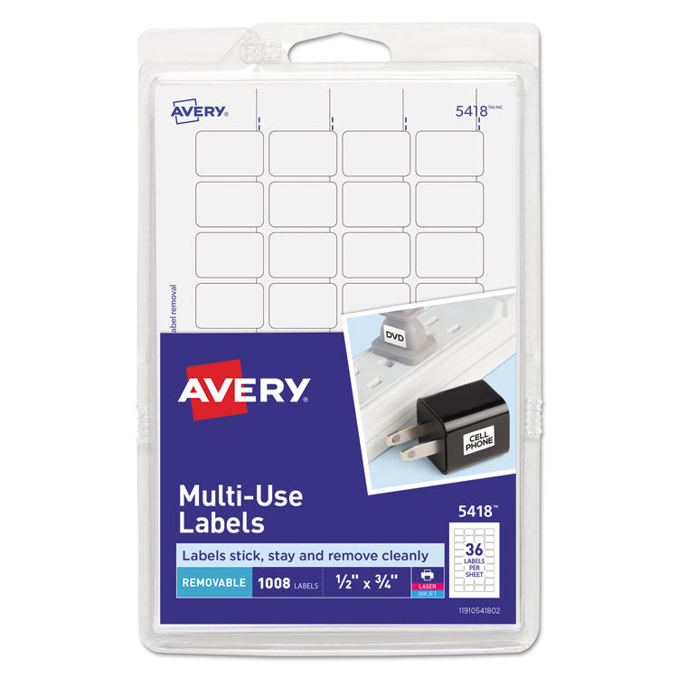 Avery - Removable Multi-Use Labels, Inkjet/Laser Printers, 0.5 x 0.75, White, 36/Sheet, 28 Sheets/Pack, (5418)