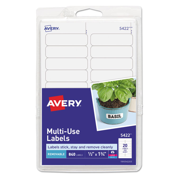 Avery - Removable Multi-Use Labels, Inkjet/Laser Printers, 0.5 x 1.75, White, 20/Sheet, 42 Sheets/Pack, (5422)