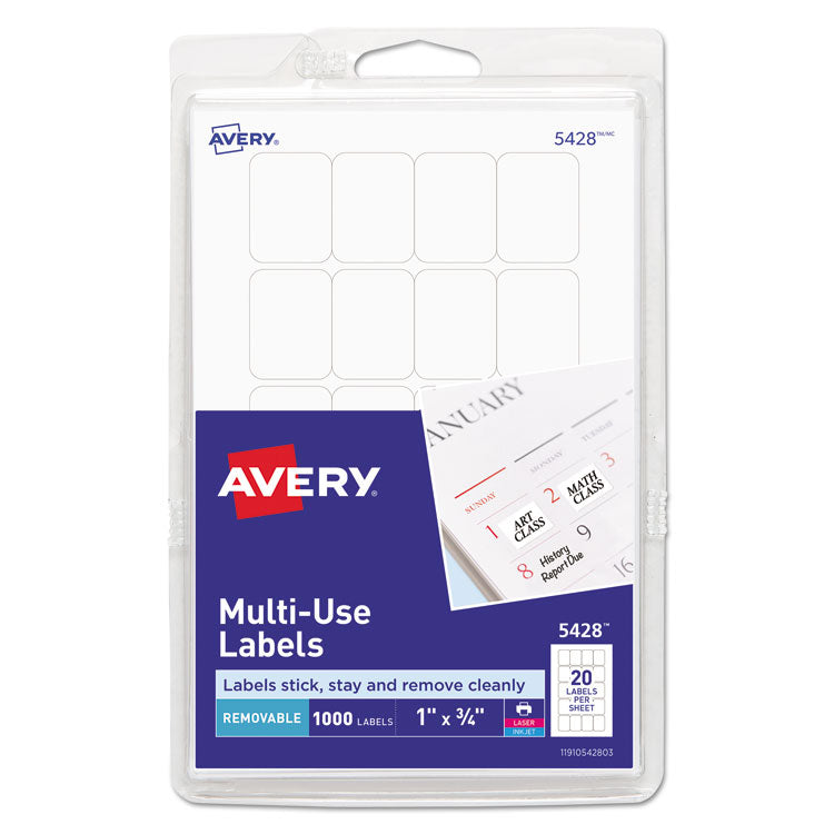 Avery - Removable Multi-Use Labels, Inkjet/Laser Printers, 1 x 0.75, White, 20/Sheet, 50 Sheets/Pack, (5428)