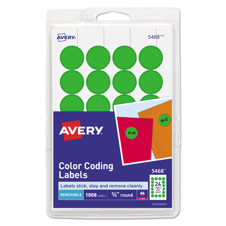 Avery - Printable Self-Adhesive Removable Color-Coding Labels, 0.75" dia., Green, 24/Sheet, 42 Sheets/Pack, (5463)