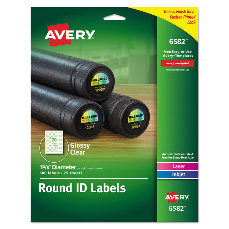 Avery - Round Print-to-the Edge Labels with SureFeed and EasyPeel, 1.67" dia, Glossy Clear, 500/PK