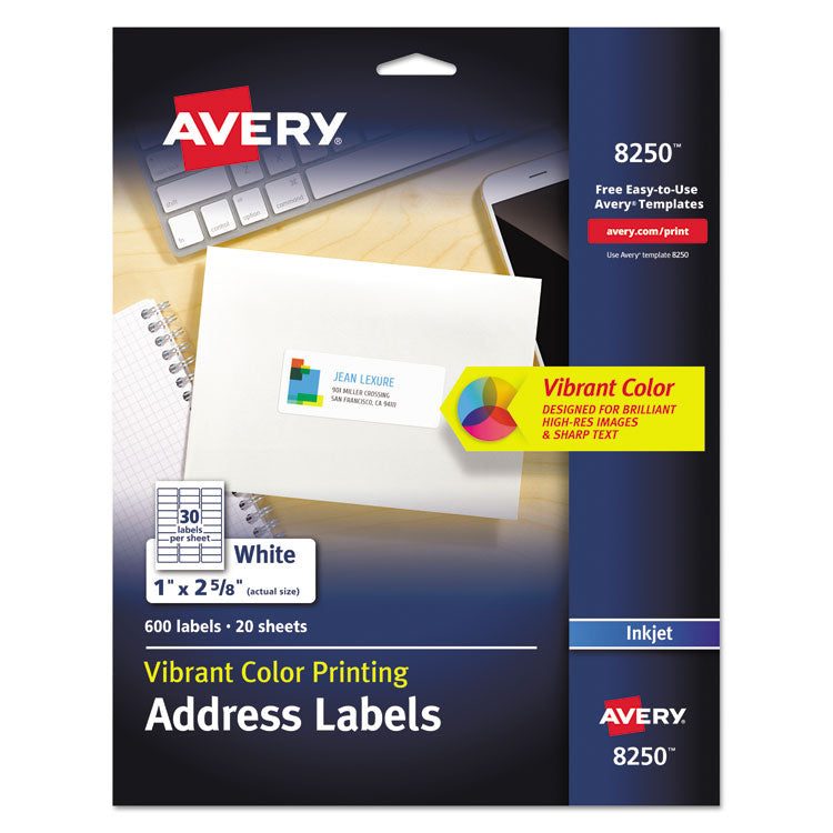 Avery - Vibrant Inkjet Color-Print Labels w/ Sure Feed, 1 x 2 5/8, Matte White, 600/PK