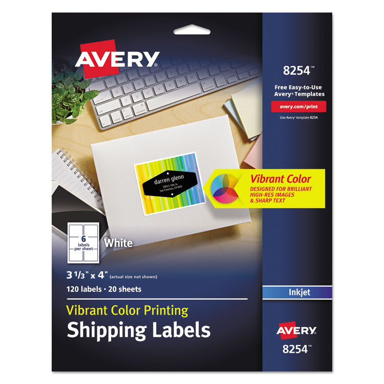 Avery - Vibrant Inkjet Color-Print Labels w/ Sure Feed, 3 1/3 x 4, Matte White, 120/PK