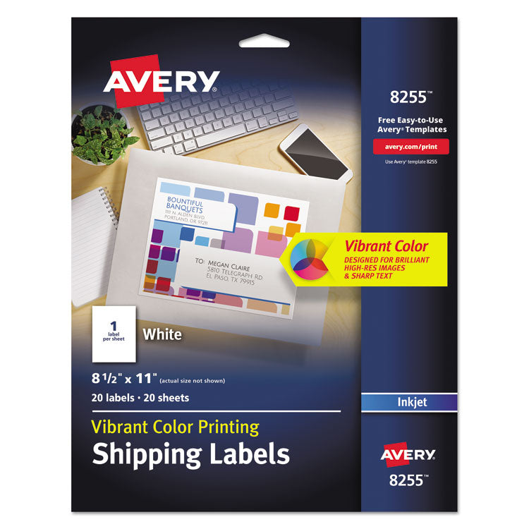 Avery - Full-Sheet Vibrant Inkjet Color-Print Labels, 8.5 x 11, Matte White, 20/Pack