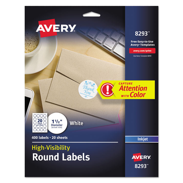 Avery - Vibrant Inkjet Color-Print Labels w/ Sure Feed, 1 1/2" dia, White, 400/PK