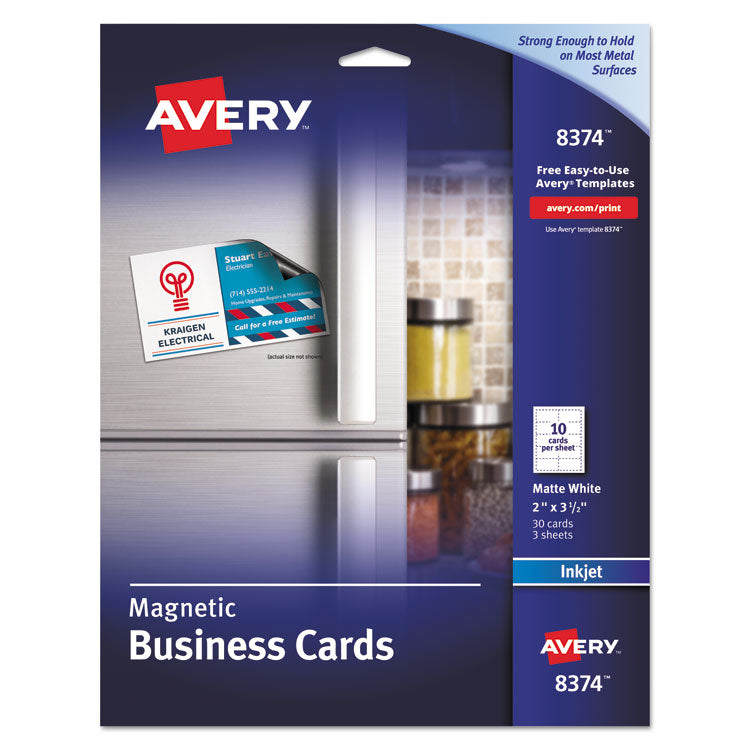 Avery - Magnetic Business Cards, Inkjet, 2 x 3.5, White, 30 Cards, 10 Cards/Sheet, 3 Sheets/Pack