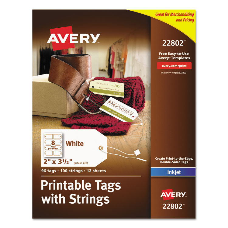 Avery - Printable Rectangular Tags with Strings, 2 x 3.5, Matte White, 96/Pack