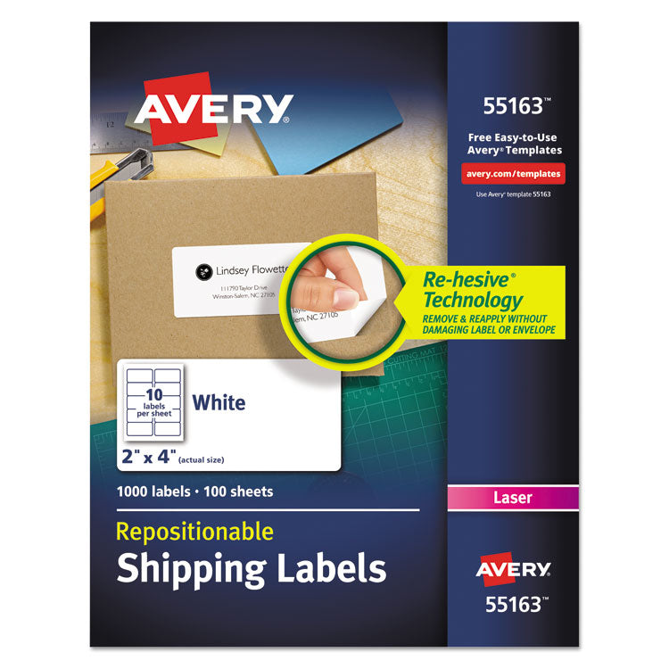 Avery - Repositionable Shipping Labels w/Sure Feed, Inkjet/Laser, 2 x 4, White, 1000/Box