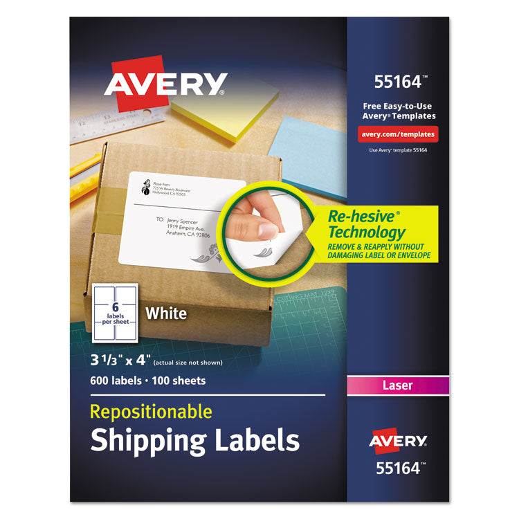 Avery - Repositionable Shipping Labels w/SureFeed, Laser, 3 1/3 x 4, White, 600/Box