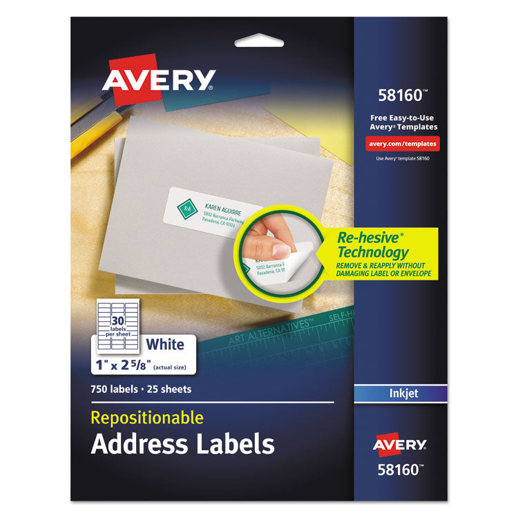 Avery - Repositionable Address Labels w/SureFeed, Inkjet/Laser, 1 x 2 5/8, White, 750/BX