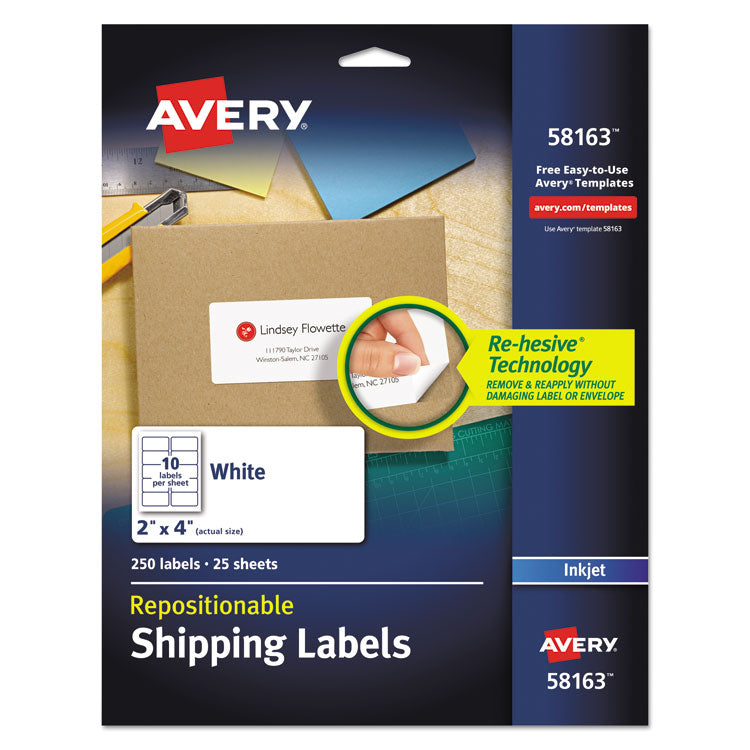 Avery - Repositionable Address Labels w/Sure Feed, Inkjet/Laser, 2 x 4, White, 250/Box