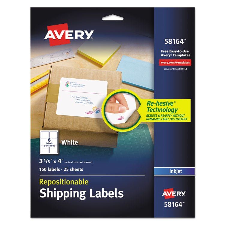 Avery - Repositionable Shipping Labels w/SureFeed, Inkjet, 3 1/3 x 4, White, 150/Box