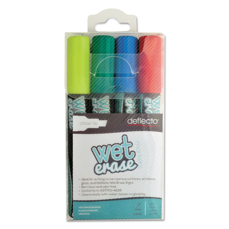 deflecto - Wet Erase Markers, Medium Chisel Tip, Assorted Colors, 4/Pack