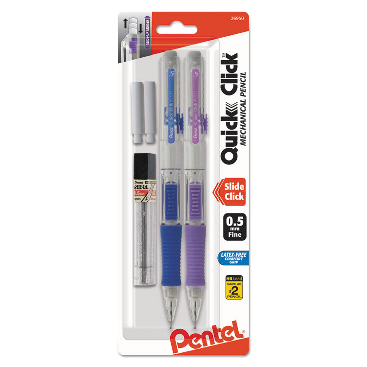 Pentel - QUICK CLICK Mechanical Pencil, 0.5 mm, HB (#2.5), Black Lead, Assorted Barrel Colors, 2/Pack