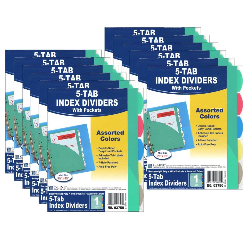 C-LINE - Mini Size 5-Tab Poly Index Dividers, Assorted Colors with Slant Pockets, 12 Sets