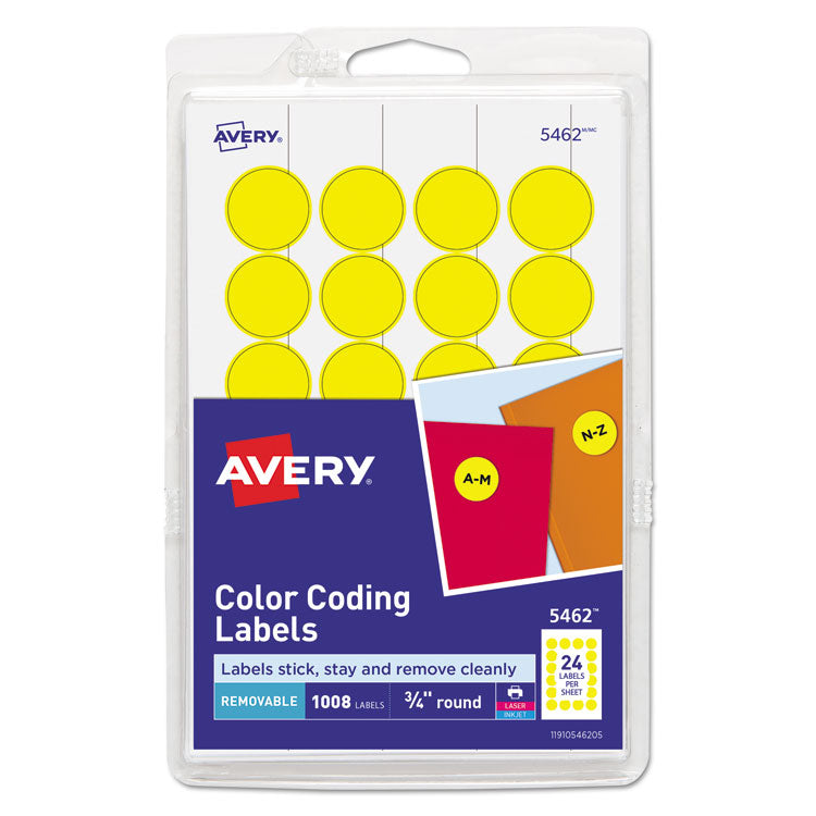 Avery - Printable Self-Adhesive Removable Color-Coding Labels, 0.75" dia., Yellow, 24/Sheet, 42 Sheets/Pack, (5462)