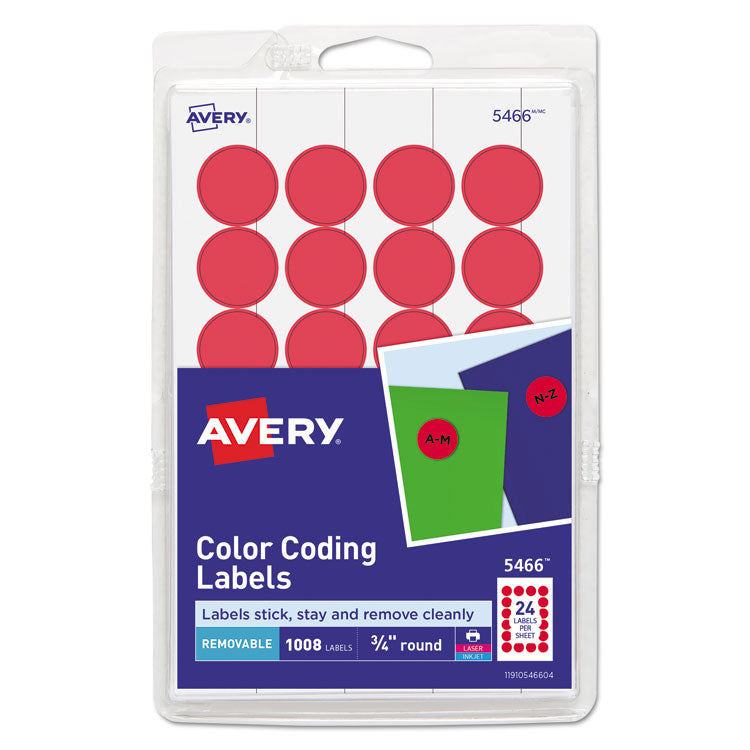 Avery - Printable Self-Adhesive Removable Color-Coding Labels, 0.75" dia., Red, 24/Sheet, 42 Sheets/Pack, (5466)