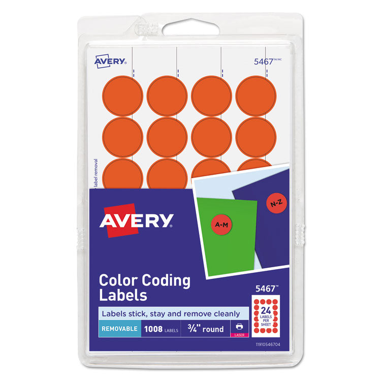 Avery - Printable Self-Adhesive Removable Color-Coding Labels, 0.75" dia., Neon Red, 24/Sheet, 42 Sheets/Pack, (5467)