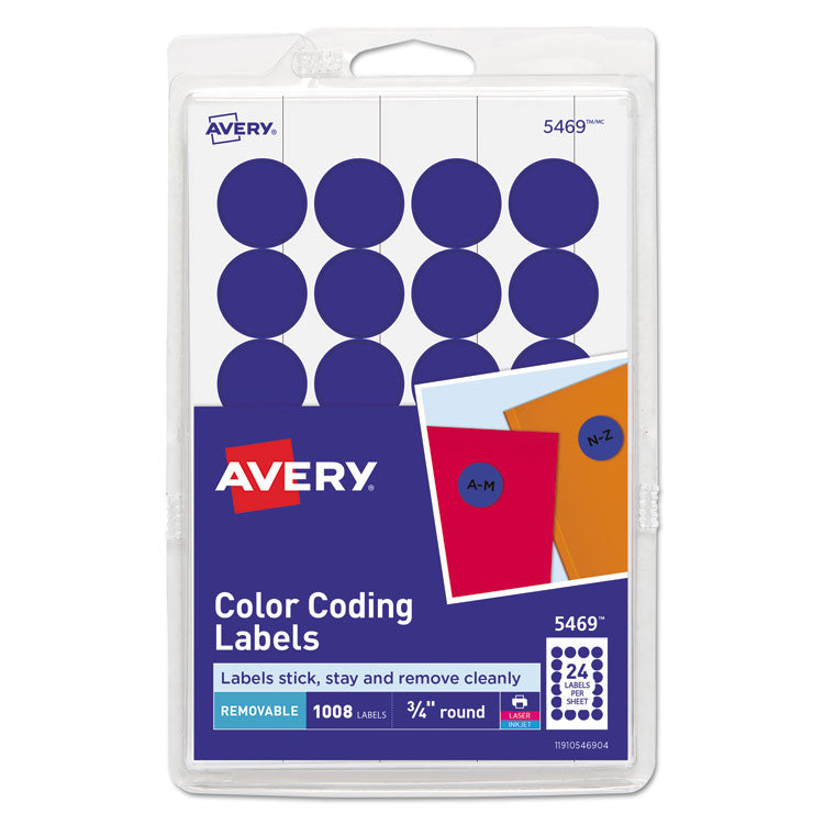 Avery - Printable Self-Adhesive Removable Color-Coding Labels, 0.75" dia., Dark Blue, 24/Sheet, 42 Sheets/Pack, (5469)