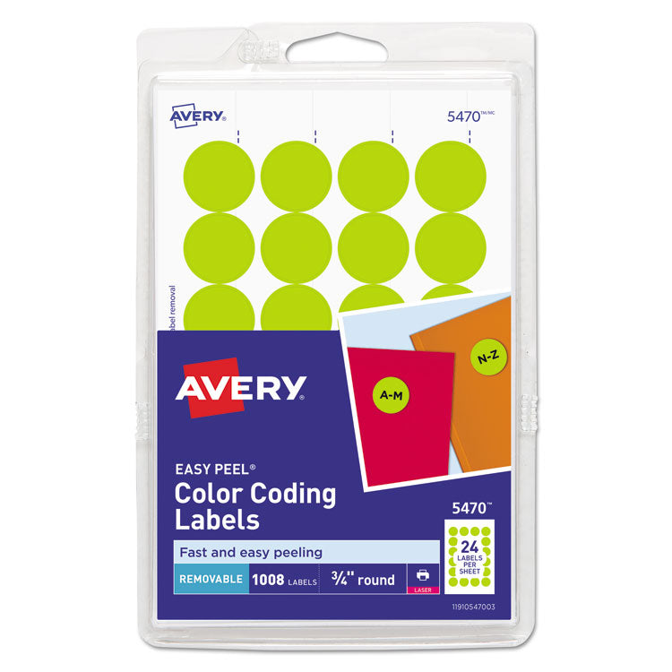 Avery - Printable Self-Adhesive Removable Color-Coding Labels, 0.75" dia., Neon Yellow, 24/Sheet, 42 Sheets/Pack, (5470)