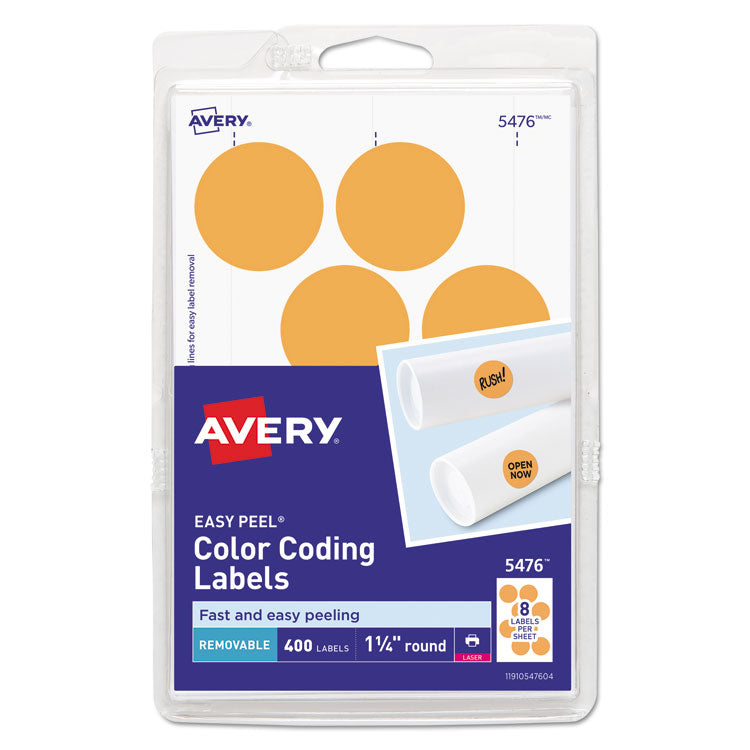 Avery - Printable Self-Adhesive Removable Color-Coding Labels, 1.25" dia., Neon Orange, 8/Sheet, 50 Sheets/Pack, (5476)