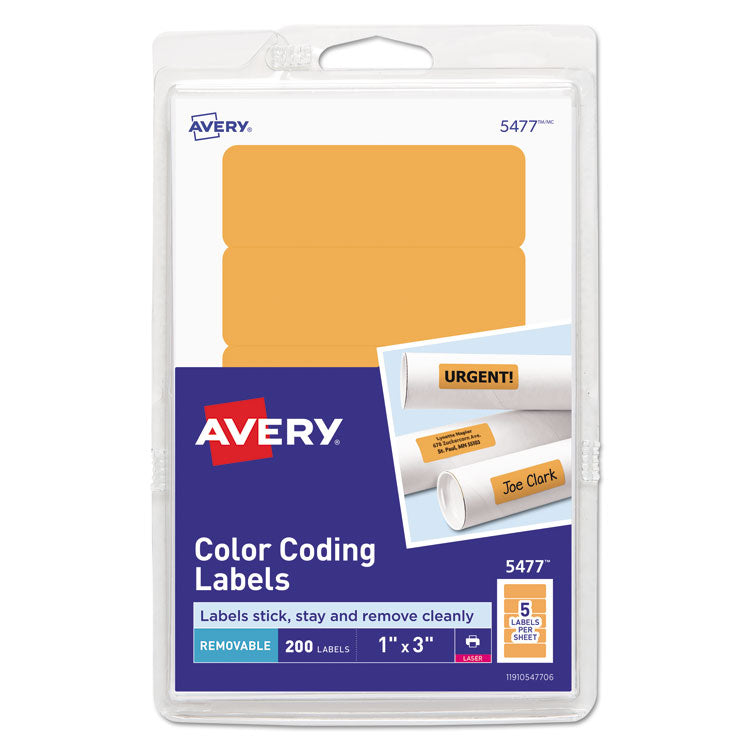 Avery - Printable Self-Adhesive Removable Color-Coding Labels, 1 x 3, Neon Orange, 5/Sheet, 40 Sheets/Pack, (5477)