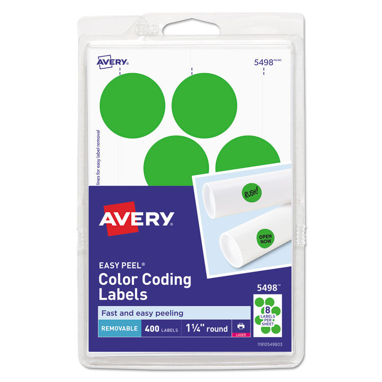 Avery - Printable Self-Adhesive Removable Color-Coding Labels, 1.25" dia., Neon Green, 8/Sheet, 50 Sheets/Pack, (5498)