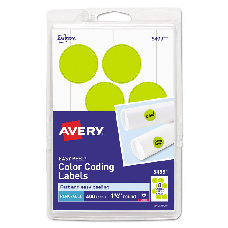 Avery - Printable Self-Adhesive Removable Color-Coding Labels, 1.25" dia., Neon Yellow, 8/Sheet, 50 Sheets/Pack, (5499)