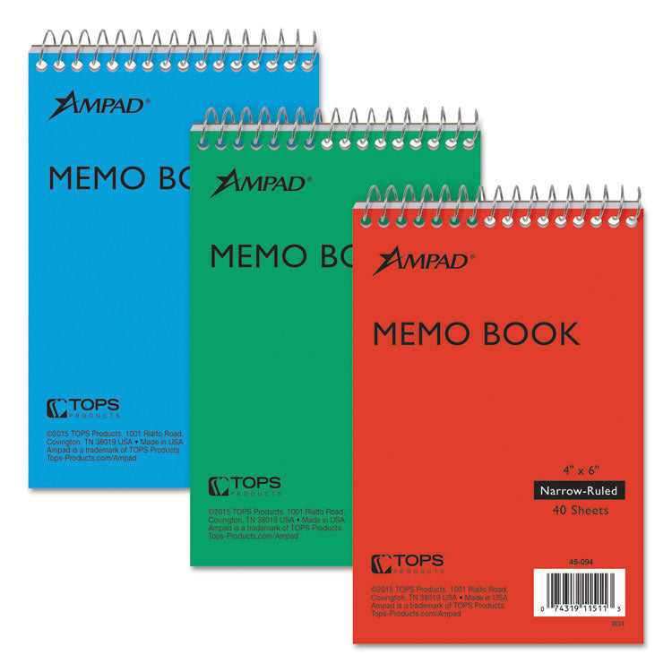 Ampad - Memo Pads, Narrow Rule, Assorted Cover Colors, 40 White 4 x 6 Sheets, 3/Pack