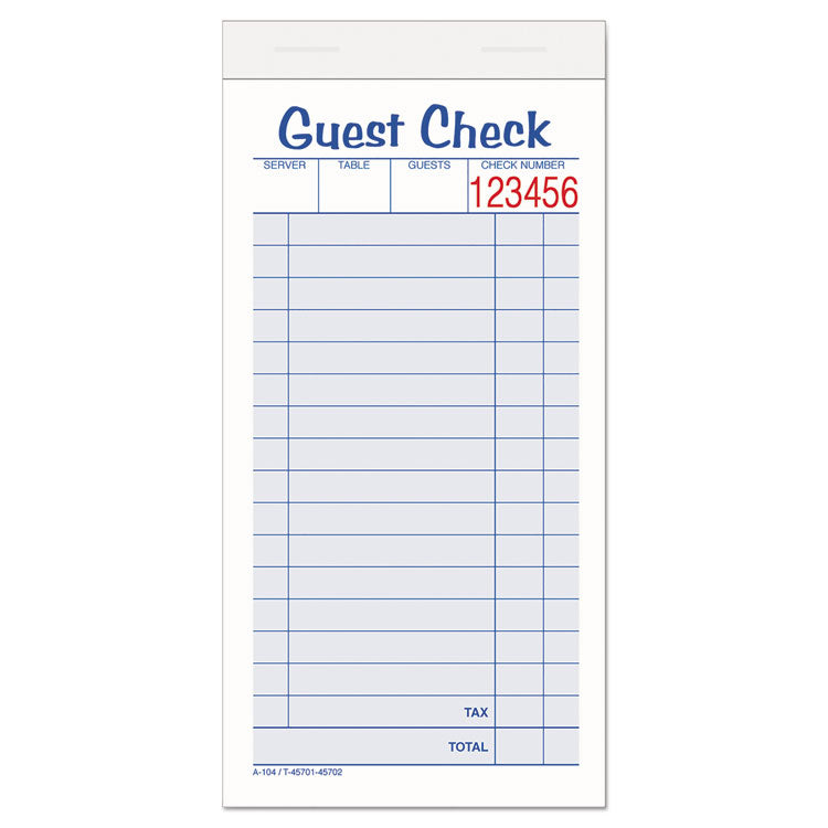 Adams - Guest Check Unit Set, Two-Part Carbonless, 6.38 x 3.38, 1/Page, 50 Forms/Pad, 10 Pads/Pack