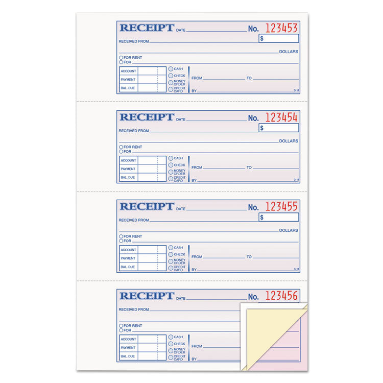 Adams - Receipt Book, Three-Part Carbonless, 7.19 x 2.75, 4 Forms/Sheet, 100 Forms Total