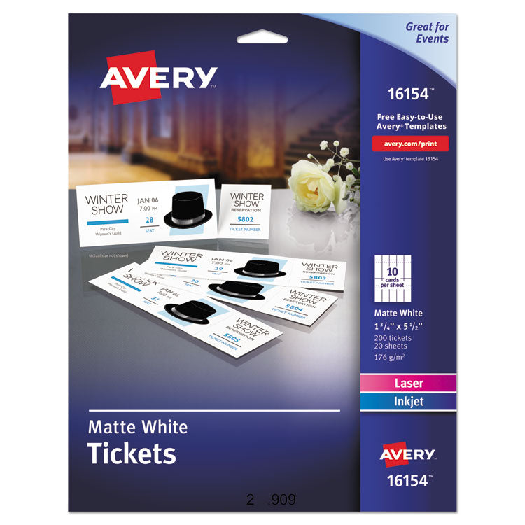 Avery - Printable Tickets w/Tear-Away Stubs, 97 Bright, 65 lb Cover Weight, 8.5 x 11, White, 10 Tickets/Sheet, 20 Sheets/Pack