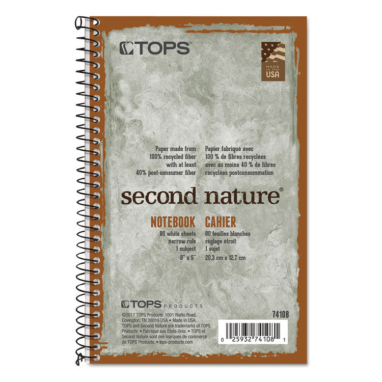 TOPS - Second Nature Single Subject Wirebound Notebooks, Narrow Rule, Green Cover, (80) 8 x 5 Sheets