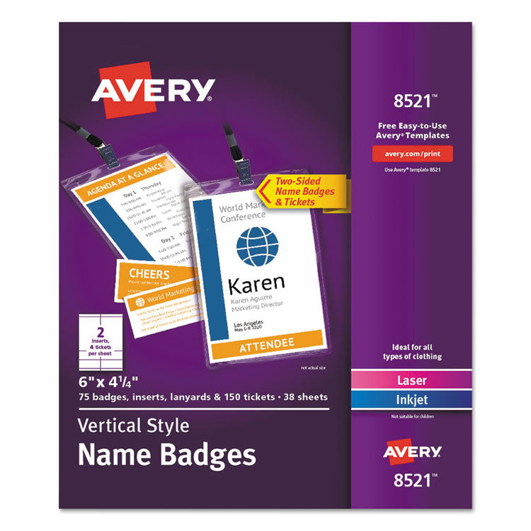 Avery - Lanyard-Style Badge Holder w/Laser/Inkjet Inserts, Top Load, 4.25 x 6, WE, 75/PK