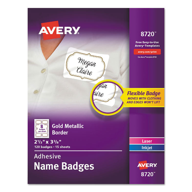 Avery - Flexible Adhesive Name Badge Labels, 3 3/8 x 2 1/3, White/Gold Border, 120/PK