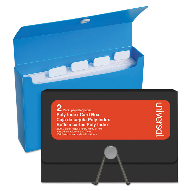 Universal - Poly Index Card Box, Holds 100 3 x 5 Cards, 3 x 1.33 x 5, Plastic, Black/Blue, 2/Pack