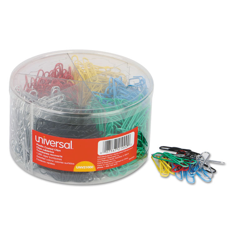 Universal - Plastic-Coated Paper Clips with Six-Compartment Organizer Tub, #3, Assorted Colors, 1,000/Pack