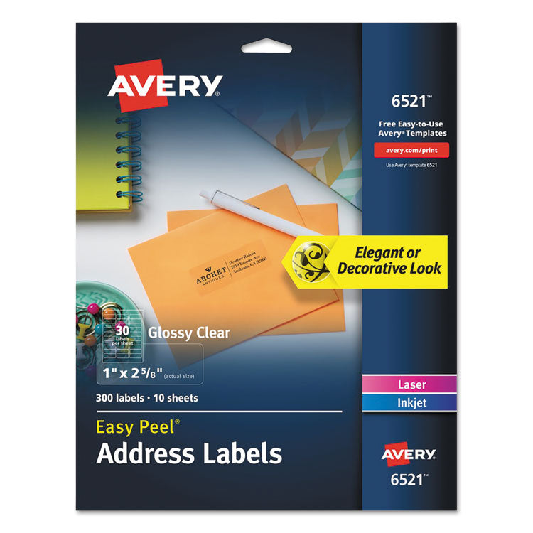 Avery - Glossy Clear Easy Peel Mailing Labels w/ Sure Feed Technology, Inkjet/Laser Printers, 1 x 2.63, 30/Sheet, 10 Sheets/Pack