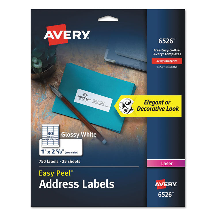 Avery - Glossy White Easy Peel Mailing Labels w/ Sure Feed Technology, Laser Printers, 1 x 2.63, White, 30/Sheet, 25 Sheets/Pack