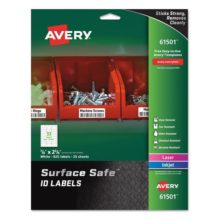 Avery - Surface Safe ID Labels, Inkjet/Laser Printers, 0.88 x 2.63, White, 33/Sheet, 25 Sheets/Pack