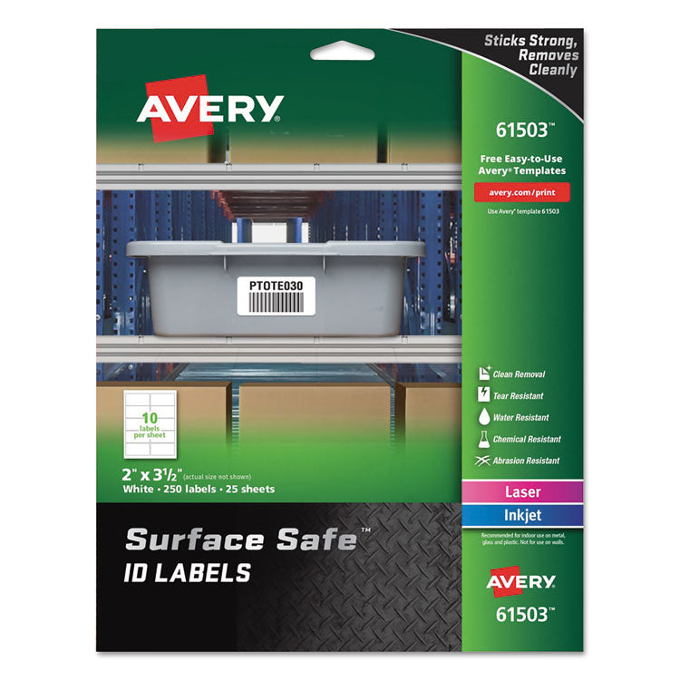 Avery - Surface Safe ID Labels, Inkjet/Laser Printers, 2 x 3.5, White, 10/Sheet, 25 Sheets/Pack